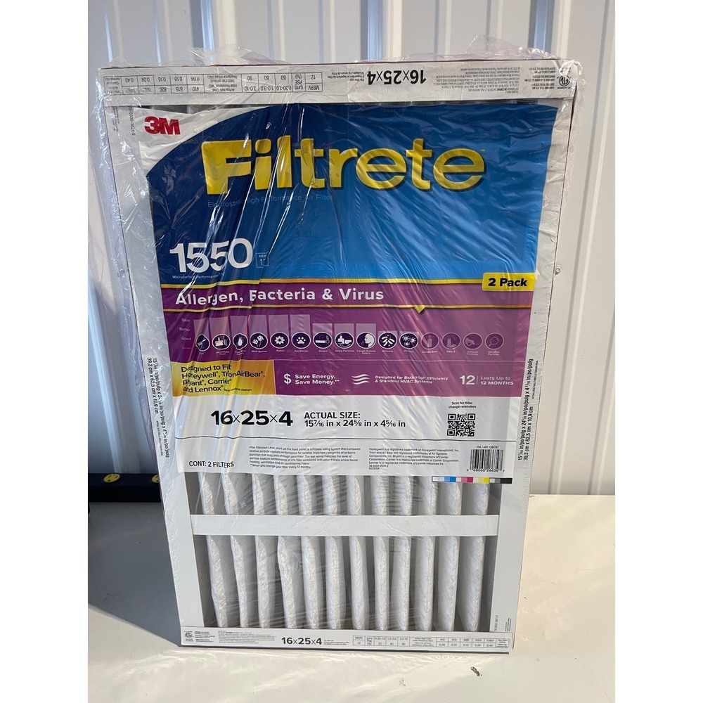3M Filtrete 1550 MPR Air Filter 16x25x4 Allergen Bacteria Virus 2 Pack HVAC NEW
